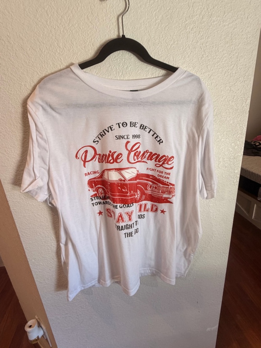 SHEIN White Graphic Tee with Black and Red Accents